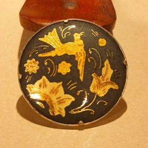 Vintage Damascene Gold Inlay Bird And  Flowers Round Brooch Pendant Pin